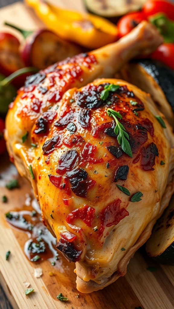 Oven-Baked Gas Grilled Chicken Recipe Oven-baked gas grilled chicken thigh with crispy skin, garnished with herbs, on a wooden board with roasted vegetables.